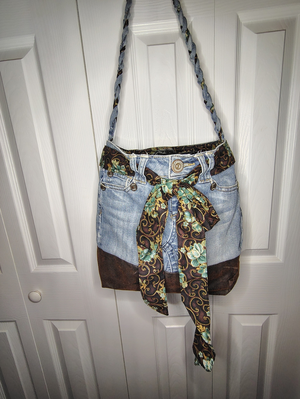 Denim and Floral Small Tote Bag in Light Blue and Brown Upcycled